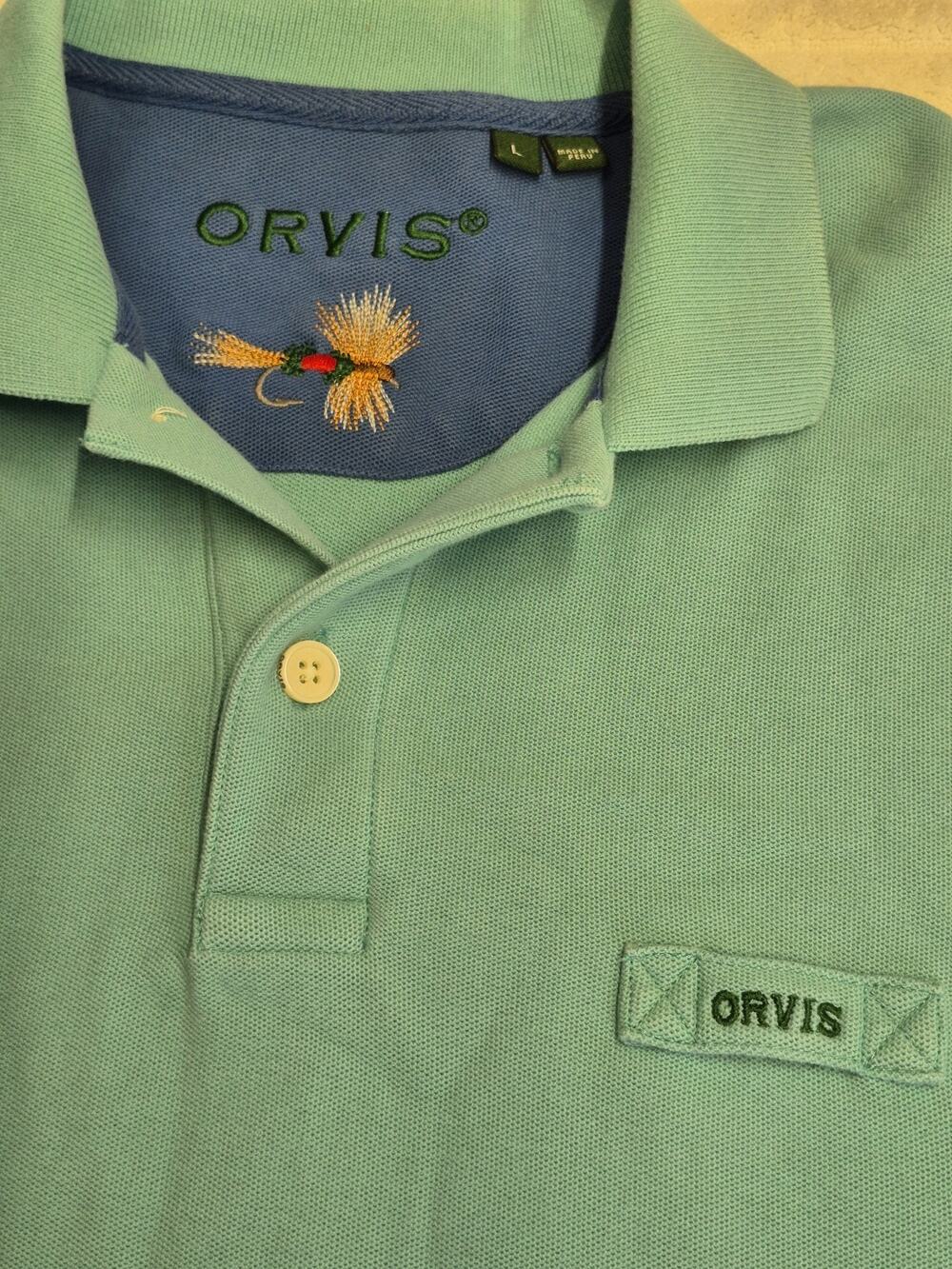 Orvis Polo Shirt Mens L Blue /Blue 100% Cotton Short Sleeve Made Peru Casual